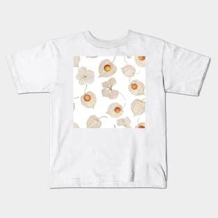 Autumn Physalis, Cape gooseberry dry flowers watercolor pattern.  Golden berry structure. Delicate floral print Kids T-Shirt